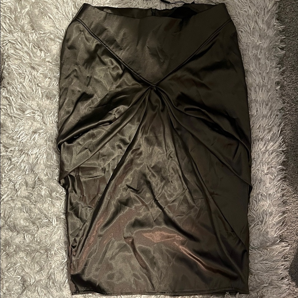 Elegant Olive Green Satin Skirt